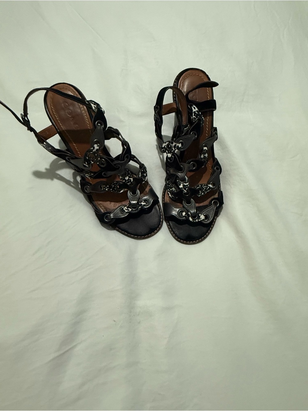Coach Black Leather Strappy Heeled Sandals with Silver Chain Accents